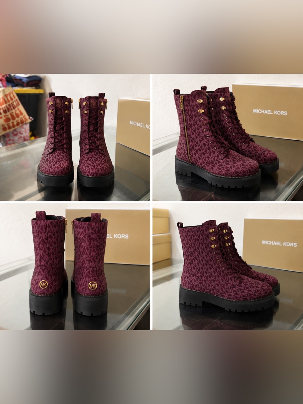 Michael Kors Burgundy MK Monogram Lug-Soled Combat Boots